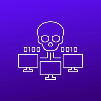 Botnet or bot attack icon, computer malware linear vector