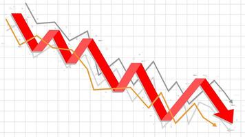 Red down fall profit business chart with grey, yellow support lines template for business, money save, bankrupt, loan, savings vector