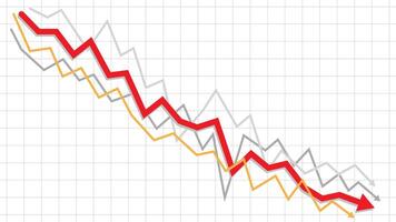 Red down market path arrow with support line indicators in chart template vector