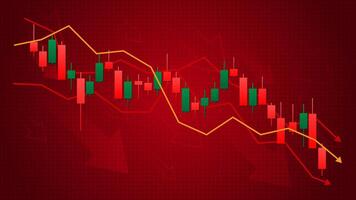 Red loss bear Forex market candle stick chart with falling arrow path indicators in chart background template vector