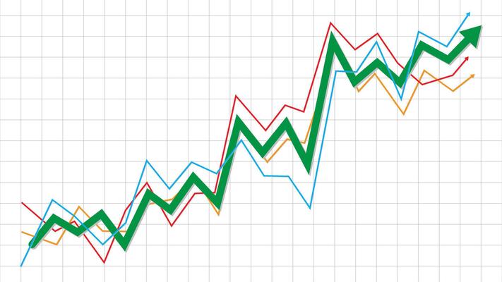 green growing up trend arrow with blue, red, yellow support indicators market chart template for business profit, share market, save money, progress