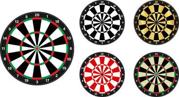 Dart boards in green and red, black and white, black and gold, red and white, original retro colour template vector
