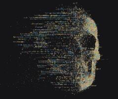 Illustration of a skull composed of colorful programming code on a dark background. Abstract cyber-themed digital art. Conceptual image of risks or dark side of the digital age vector