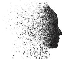 Human head profile dissolving into scattered geometric fragments and particles. Identity, memory, and transformation conceptual design. vector