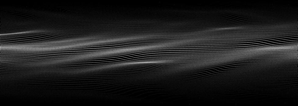 Abstract waves of white dots on black background, dynamic 3D surface. Flowing particles motion design. Minimal and futuristic backdrop. vector