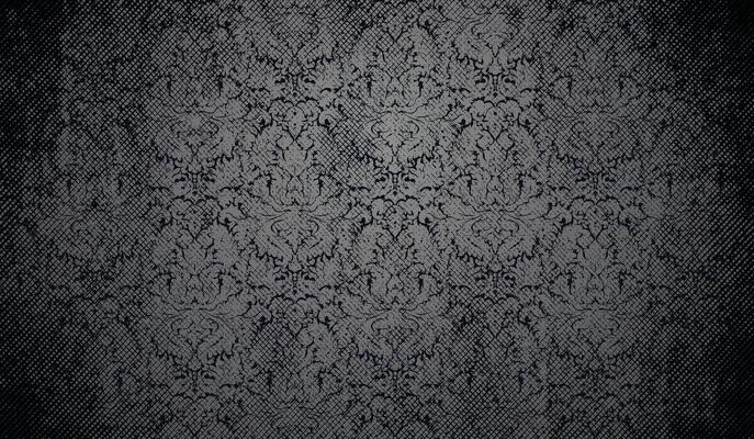 Dark damask pattern with vintage grunge texture and halftone graphic hatching shading. Dark ornamental gothic, baroque, and antique-style background.