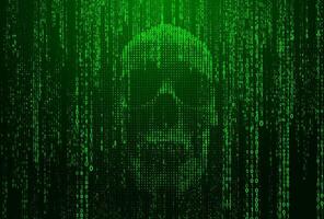 Binary code skull design. glowing green digital code rain in a Matrix inspired futuristic style. Futuristic cyberpunk aesthetic with a hacking theme. vector