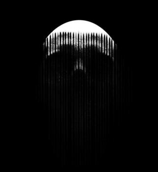 Skull, dissolving vertical lines and particles on a black background. Bold contrast of light and shadow. Futuristic, glitch-inspired design. vector