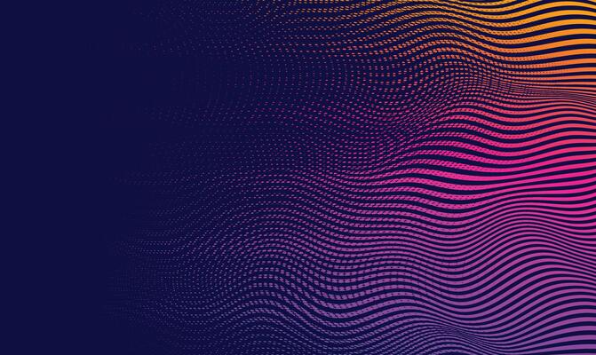 Abstract wave pattern with flowing halftone lines. Vibrant pink, purple, and orange gradients. Dynamic design with trendy blending colors.