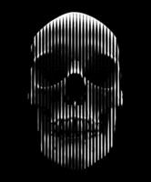 Skull design with vertical lines. Modern grunge woodcut style illustration. Frontal view with white vertical lines on a black background. vector
