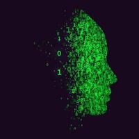 Digital profile of a human face formed by glowing green binary numbers. Futuristic concept of artificial intelligence, big data, and cyber identity. vector