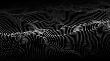 Abstract wave of white dots on a black background. Dynamic digital landscape with flowing particles. Futuristic design with motion and depth effect. vector