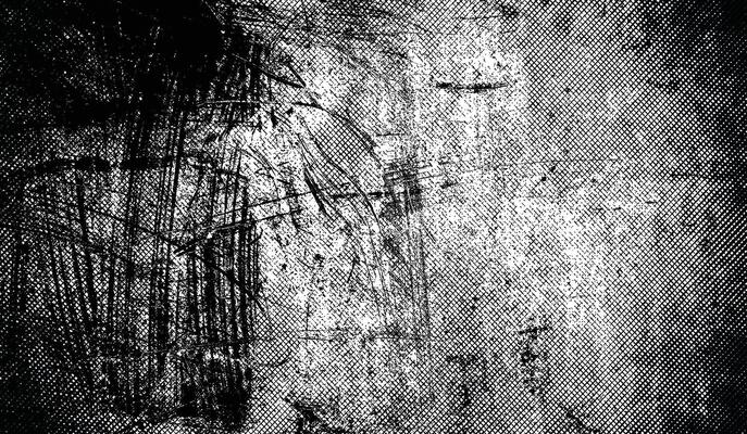 Grunge texture with crosshatched halftone vignette effect and distressed scratch marks. High-contrast background with punk, noise, abstract design elements.