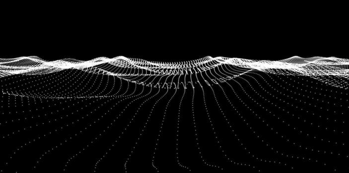 Abstract wave of white dots on a black background. A futuristic digital landscape with flowing grid. Technology of virtual reality. vector