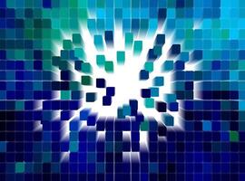 Abstract mosaic with dynamic burst effect. Futuristic background with blue 3D squares radiate from a bright white center. vector