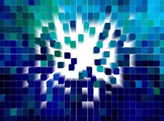 Abstract mosaic with dynamic burst effect. Futuristic background with blue 3D squares radiate from a bright white center.