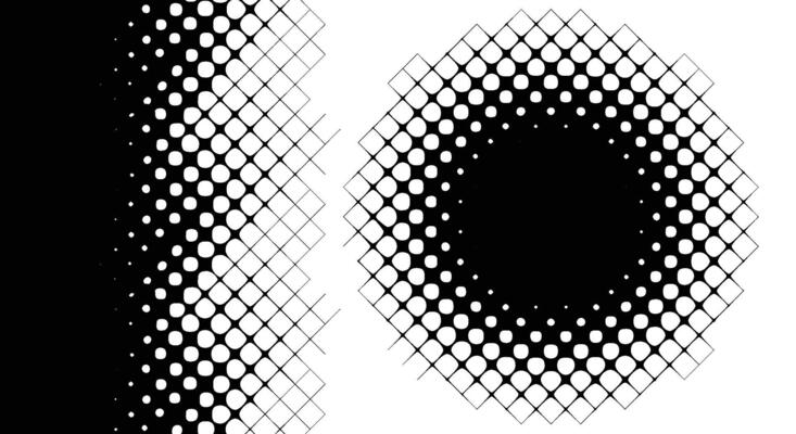 Halftone design with smooth diamond-shaped dot gradients forming vertical and circular patterns. Bold black and white layout for modern graphics.