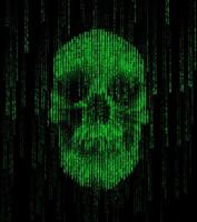 Digital skull composed of green binary code on a black background. Matrix theme glowing numbers with cyberpunk, hacker-themed aesthetic and dark tech vibe. vector