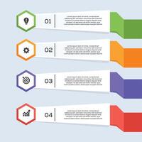 Clean 4 step infographic with hexagon icons, numbered banners, and colorful highlights on light background. vector