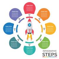 Colorful startup rocket infographic with 8 circular step options on a white background. vector