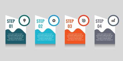 Modern 4 step infographic with colorful icons, wavy shapes, and text on light gray background. vector