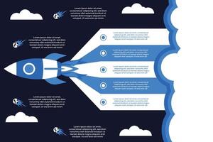 rocket startup infographic with timeline arrows and icons on dark background vector