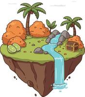 Floating island with waterfall palm trees treasure chest and autumn bushes illustration vector