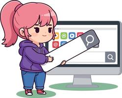 Young girl holding search bar in front of computer monitor with social media icons illustration vector