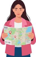 Woman holding map with location pins travel navigation concept illustration vector