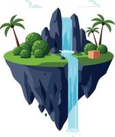 Floating island with waterfall and palm trees natural landscape illustration vector