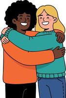 Two friends hugging in casual clothing embracing with smiles and happiness vector