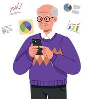 Elderly man using smartphone analyzing colorful charts and graphs illustration vector