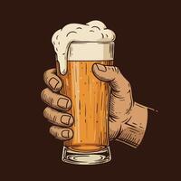 Hand Holding Glass of Beer with Foam Illustration in Brown Background vector