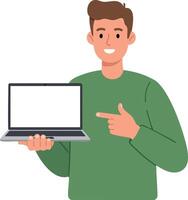 Young man in green sweater holding and pointing at laptop computer illustration vector
