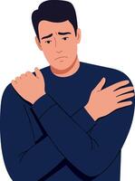 Man in navy blue sweater holding shoulders with sad expression illustration vector