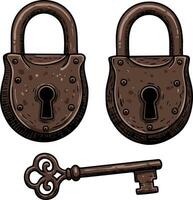 Vintage rusty iron padlocks and antique key illustration for security and protection design vector
