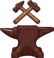 Blacksmith anvil with crossed hammers illustration tool design for metalwork craftsman vector