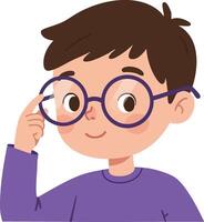 Boy with glasses smiling and touching spectacles illustration in purple shirt vector