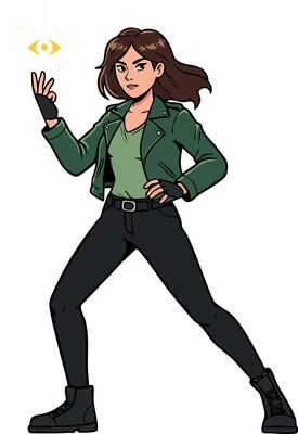 Confident young woman in green jacket and black pants casting magical spell illustration