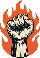 Raised fist symbol with orange flames behind for power and resistance illustration vector