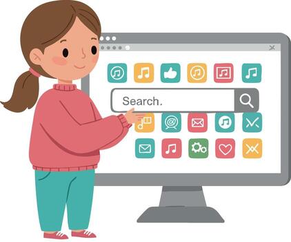 niña utilizando computadora con vistoso íconos en pantalla buscando Internet ilustración vector