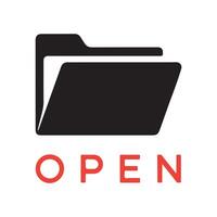 Black open folder icon with red text O P E N document vector