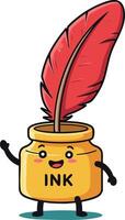 Cute ink jar with red feather quill pen cartoon character illustration vector