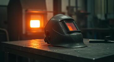 Welding Helmet on Metal Surface with Forge in Background Studio photo