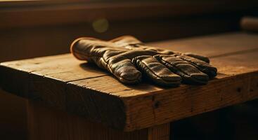 Leather Glove Resting on Wooden Bench in Warm Natural Light photo