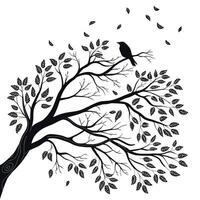 Silhouette Tree with Bird and Falling Leaves vector