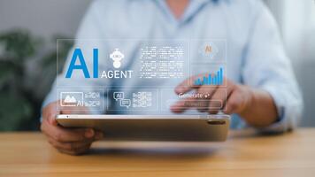 Person using a tablet to AI agent concepts, showcasing artificial intelligence assistant tools, machine learning, automation, chatbots, data analysis, smart technology for future business solutions. photo