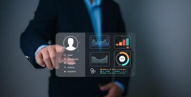 Businessman selecting candidate on a digital dashboard interface, analyzing talent profiles and data-driven HR insights for recruitment, teamwork, leadership, and workforce management. photo
