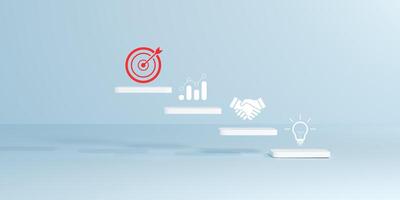 A series of white steps leading to a red target with icons representing growth, partnership, and innovation, symbolizing business strategy, goal achievement, and collaborative success in a 3D render. photo