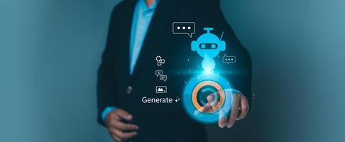 Artificial intelligence, machine learning, technological innovation. Concepts of digital transformation, automated solutions, future computing. Man interacts with glowing AI robot and Generate command photo